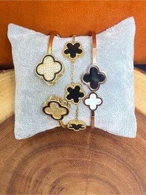 Black And Gold Clover Bracelet Bangle Stack 3 Pc Bundle Gold Filled Plated NWOT